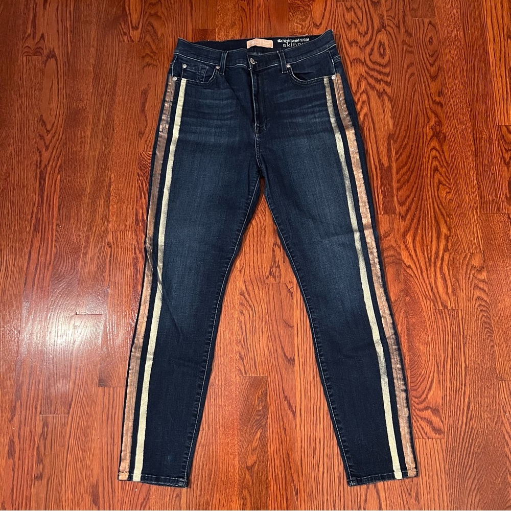7 For All Mankind High Waist Ankle Skinny Jeans w/ Metallic Side Stripes, Sz 30